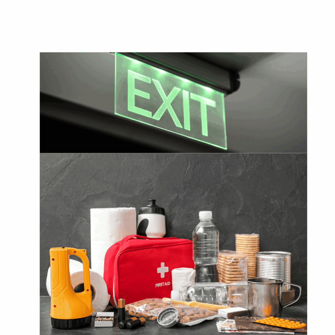 Exit sign with products to take with you if you need to leave home. Flashlight, detergent, paper towels, 1st aid kit