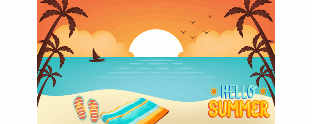 sunset with palm trees, sailboat, flip flops and beach towel with words summer fun