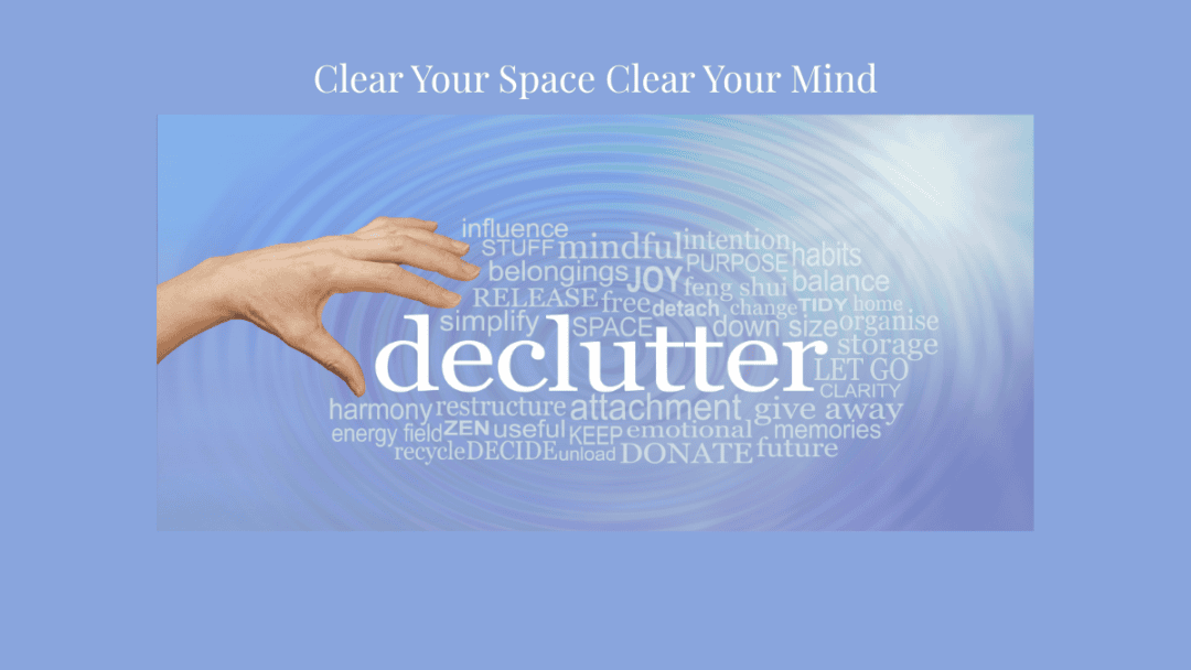 Image on blue background with word declutter in the center surrounded by other associated words: habit, joyful, belonging, joy, purpose