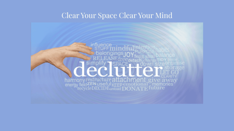 Image on blue background with word declutter in the center surrounded by other associated words: habit, joyful, belonging, joy, purpose