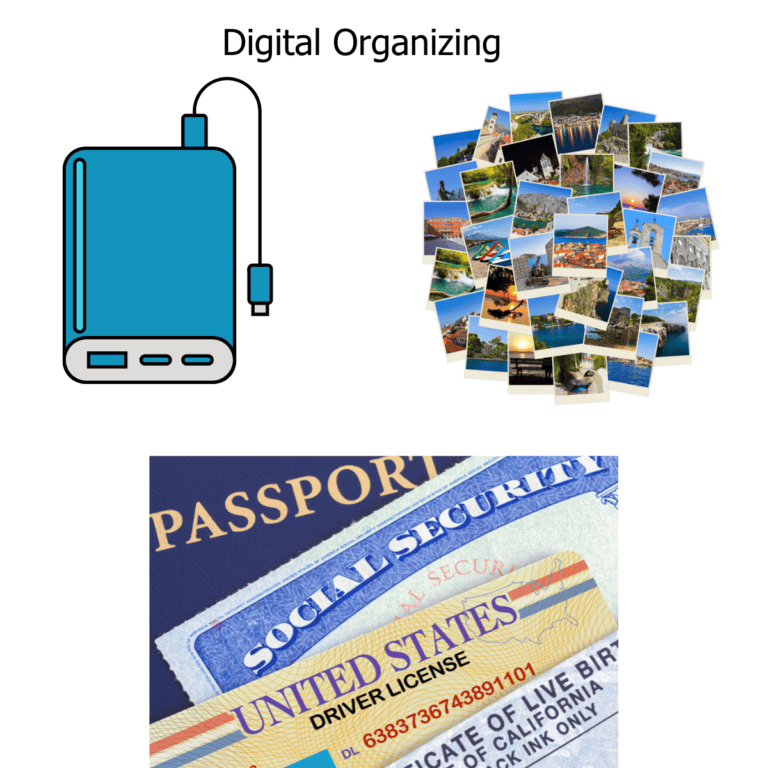 image of a portable external hard drive, image of collage of pictures, image of documents SSN card