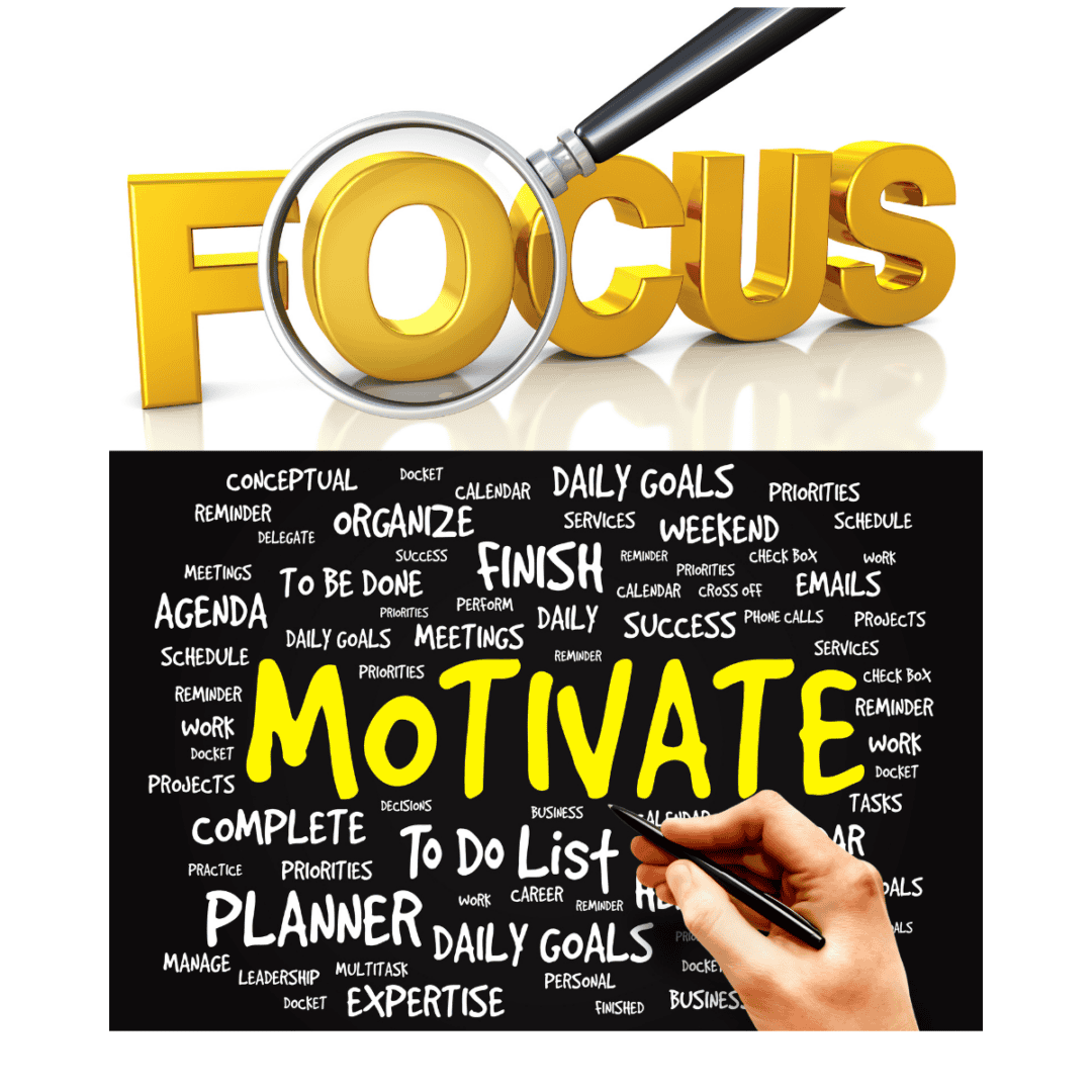 image contains the word focus as a header with a magnifying glass and chalk board below with the word motivate in large font surrounded by other descriptive words: planner, to be done, finish, etc.